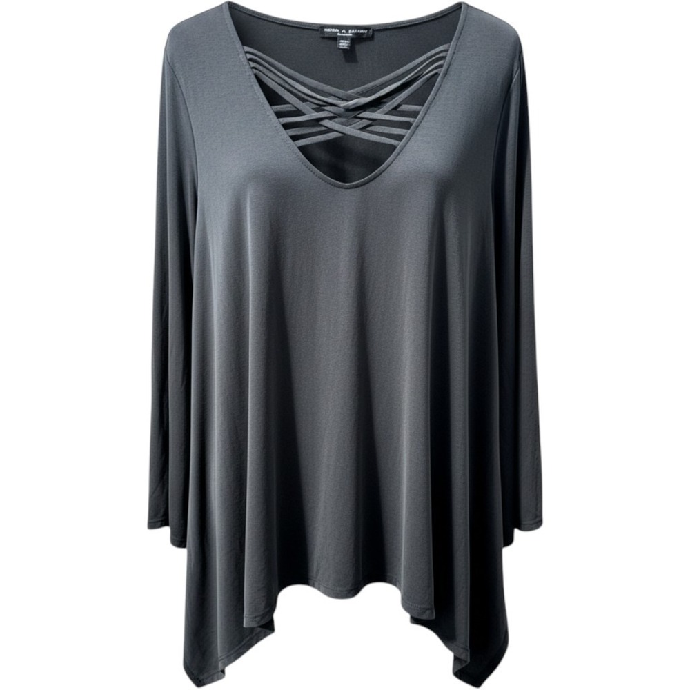 Cable & Gauge Woman Gray Lattice V-Neck Long Sleeve Tunic Top 2X NWT